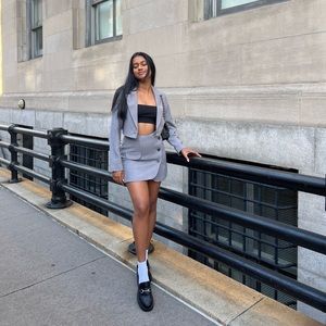 Grey Blazer & Skirt Set